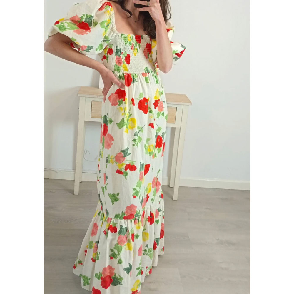 Sezane 4 Carlotta Linen Puff Sleeve Maxi Dress $450 Floral Poppy Square Neck 36 - Picture 9 of 13